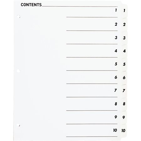 Intercalaires à onglet imprimable 10 onglets 1-10 blanc. 1 jeu