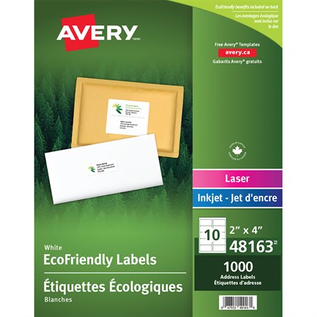 Étiquettes d'adresse blanches Écologiques Boîte de 100 feuilles 4 x 2" (1000)