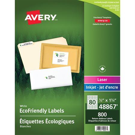 Étiquettes d'adresse blanches Écologiques Paquet de 10 feuilles 1-3 / 4 x 1 / 2" (800)