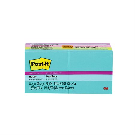 Feuillets Post-it® Super Sticky - collection Éclat de lumière 2 x 2 po bloc de 90 feuillets (pqt 8)