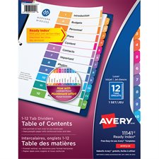 Intercalaires Ready Index® Couleurs variées. 1 jeu. Imprimés. 1-12