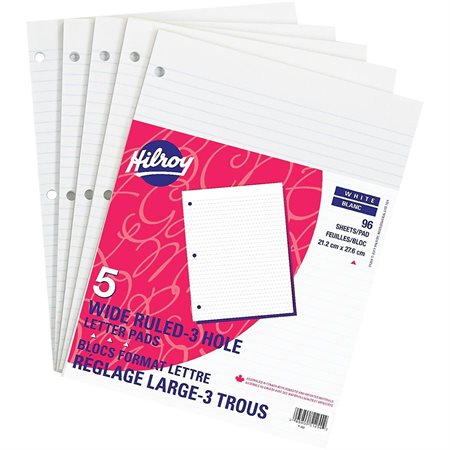 White Figuring Pad Ruled 5 / 16". Package of 5. 8-3 / 8 x 10-7 / 8", 3-hole punched.