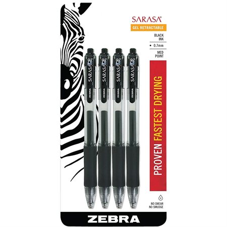 Stylo à bille roulante rétractable Sarasa® 0,7 mm. Paquet de 4 noir