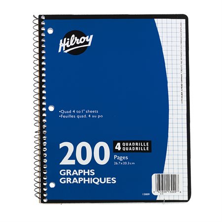 Cahier à reliure spirale Quadrillé 4 carrés / pouce. 200 pages