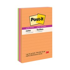 Feuillets Post-it® super collants - collection coup de pouce 4 x 6 po, lignés bloc de 90 feuillets (pqt 3)