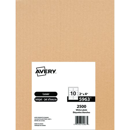 White Rectangle Labels Box of 250 sheets 4 x 2" (2500)