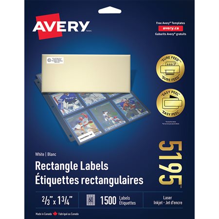 Étiquettes rectangulaires blanches Easy Peel® Paquet de 25 feuilles 1-3 / 4 x 2 / 3” (1500)