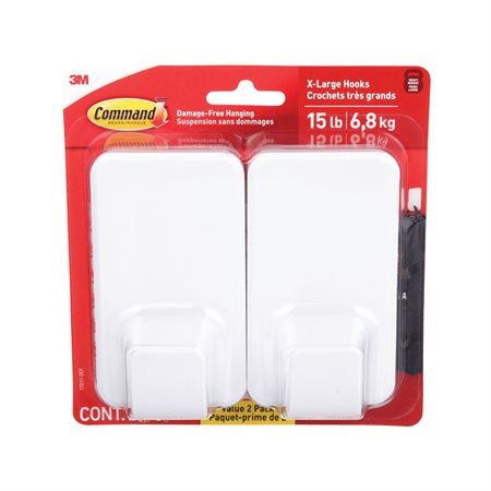 Command™ Adhesive Hooks 2 extra-large hooks with 6 strips holds 15 lb - white