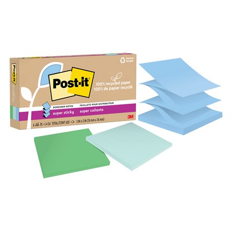 Feuillets recyclés Post-it® Super Sticky - Collection oasis 3 x 3 po. Éclair. paquet de 6, bloc de 70 feuilles