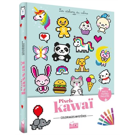 Coloriages Pixel kawaii : pochette 6 feutres pailletés